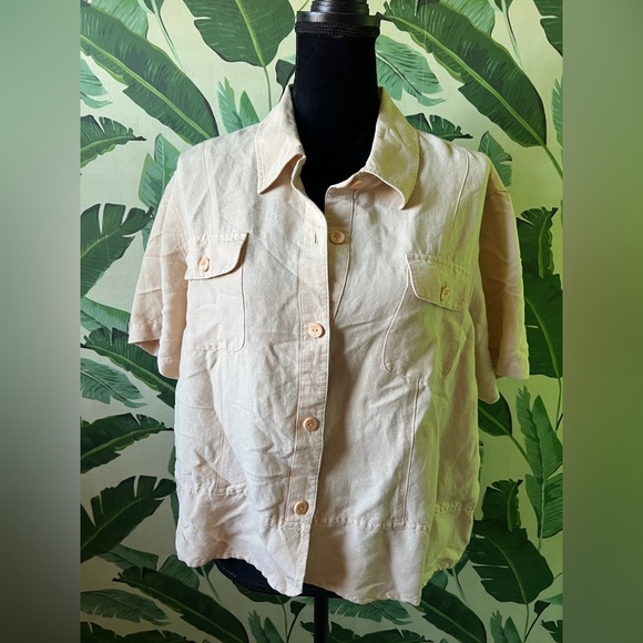 Hearts of Palm Linen Blend Button Down Short Sleeve Utility Blouse Shirt Size 16 - Picture 1 of 5